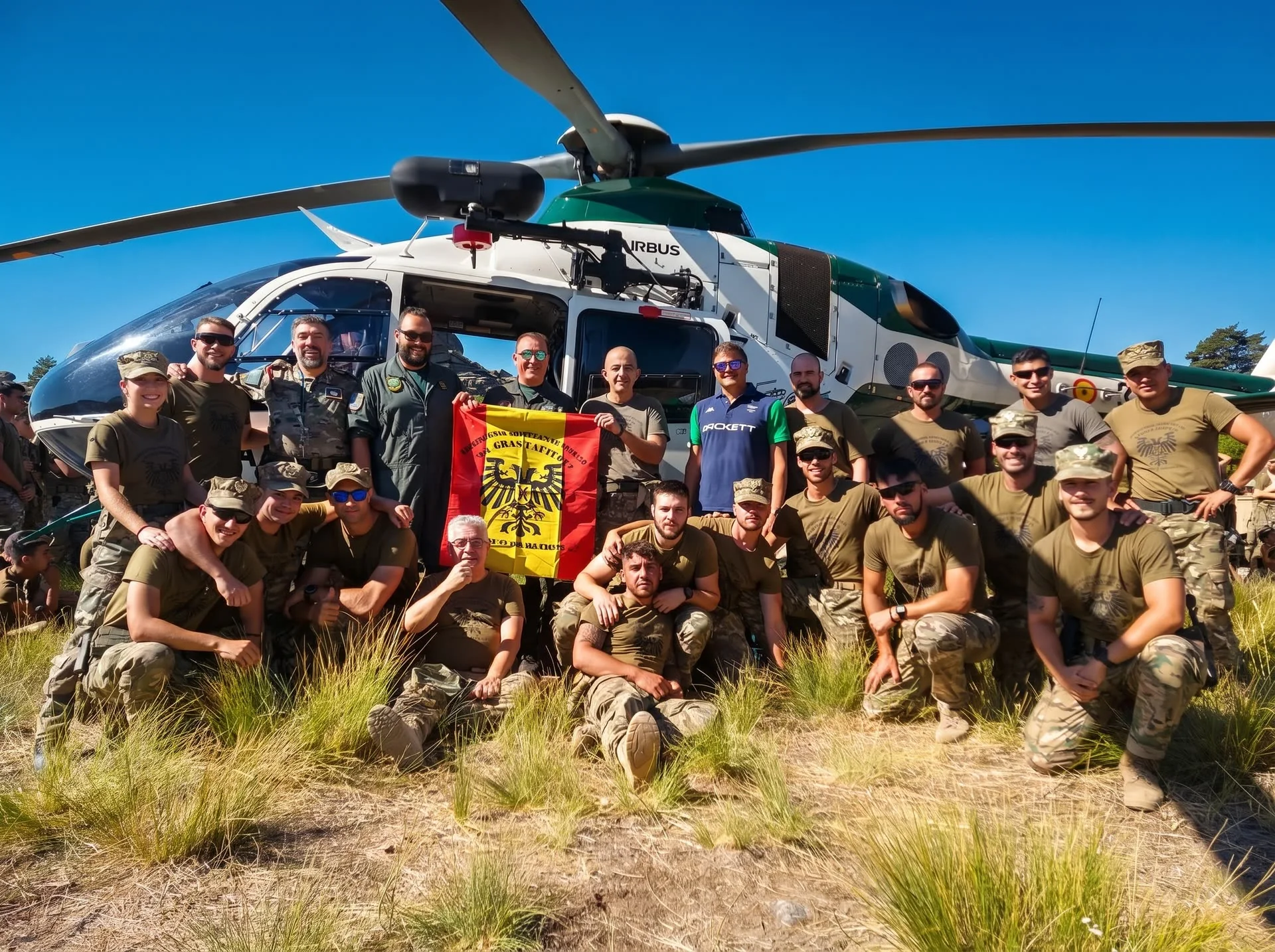 El equipo al completo del campamento El Gran Capitán junto a un helicóptero de la Guardia Civil