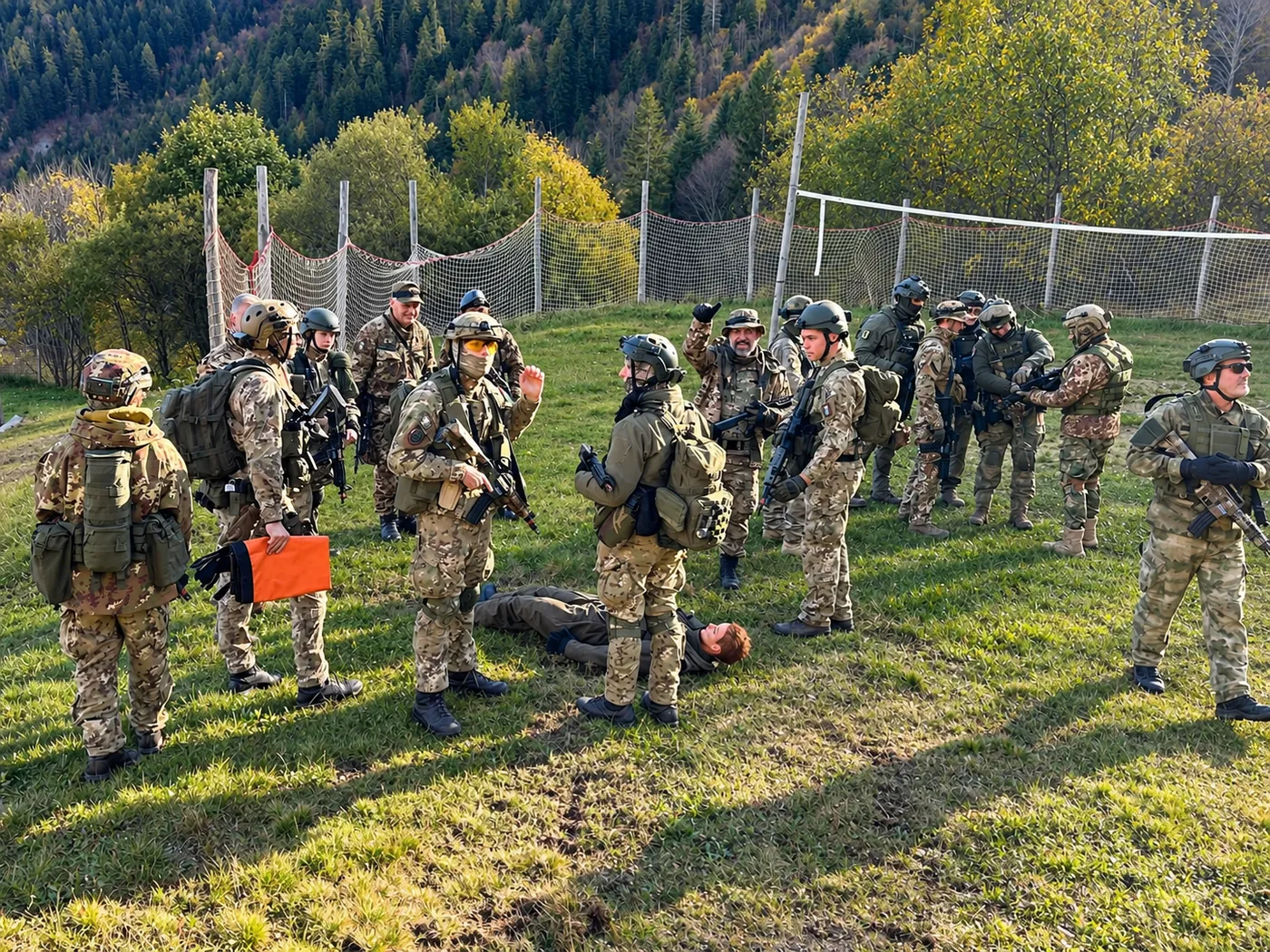 Grupo de jugadores equipados en el campo durante la partida de airsoft de Navidad