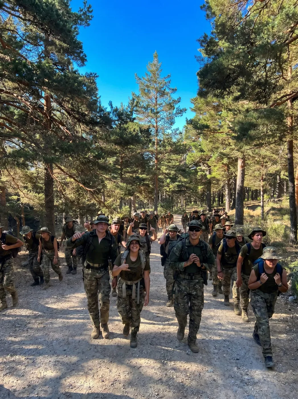 Columna de acampados marchando por el pinar de la sierra