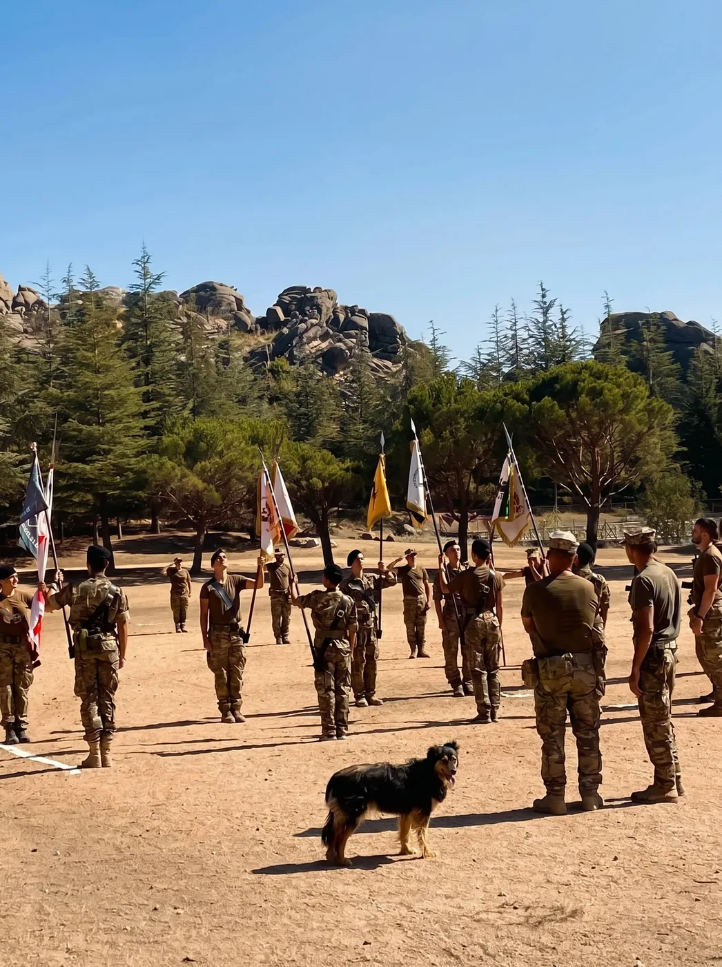 Formación de secciones con banderas en la explanada del campamento