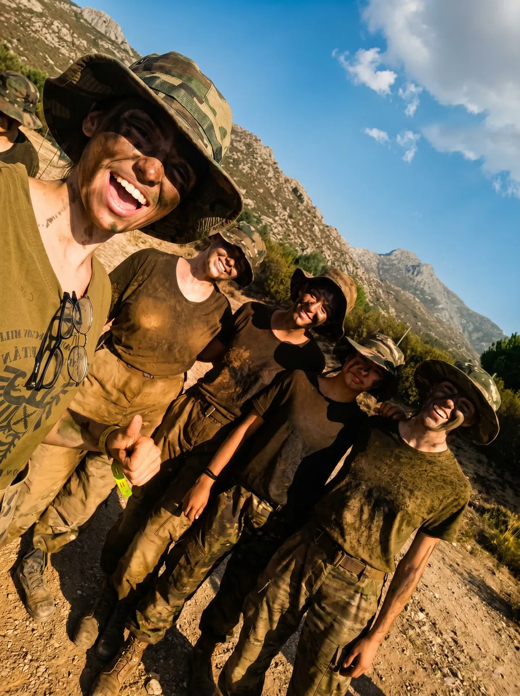 Grupo de acampados sonrientes con la cara de barro tras la marcha